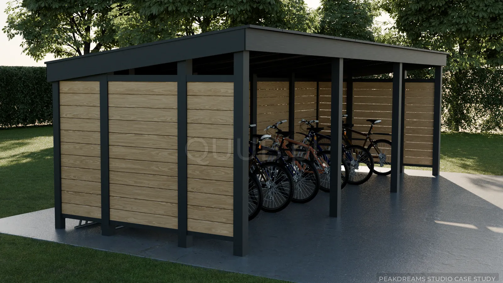 Final side view of QUUB bicycle shelter