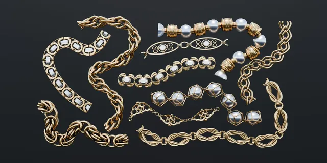 Gold and silver chain styles following curved paths