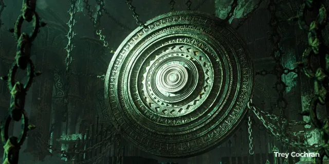Hanging chains framing an ornate circular temple by Trey Cochran