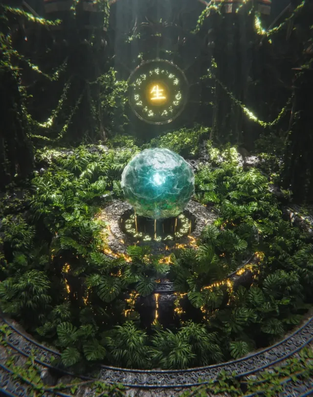 Ornamental stone altar in a forest by Simon Zhang