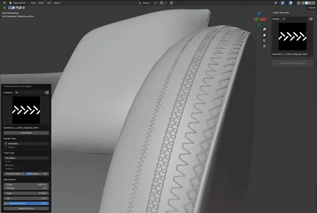 Physical stitch patterns following a chair seam in Blender