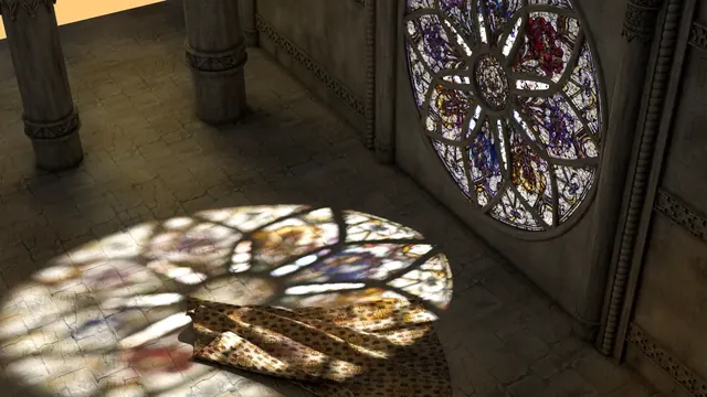 Procedural stained glass casting colored light across a stone floor